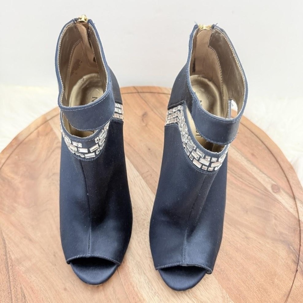 Nine West Navy Blue Satin Crystal Embellished Peep Toe Booties Heels Size 7M - Picture 9 of 12